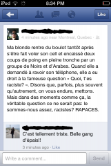 Un post presque pas raciste sur facebook.